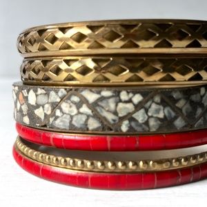 6 Vintage Mosaic Inlaid Inlay Red Stone Boho Artsy Gypsy Brass Metal Bangles